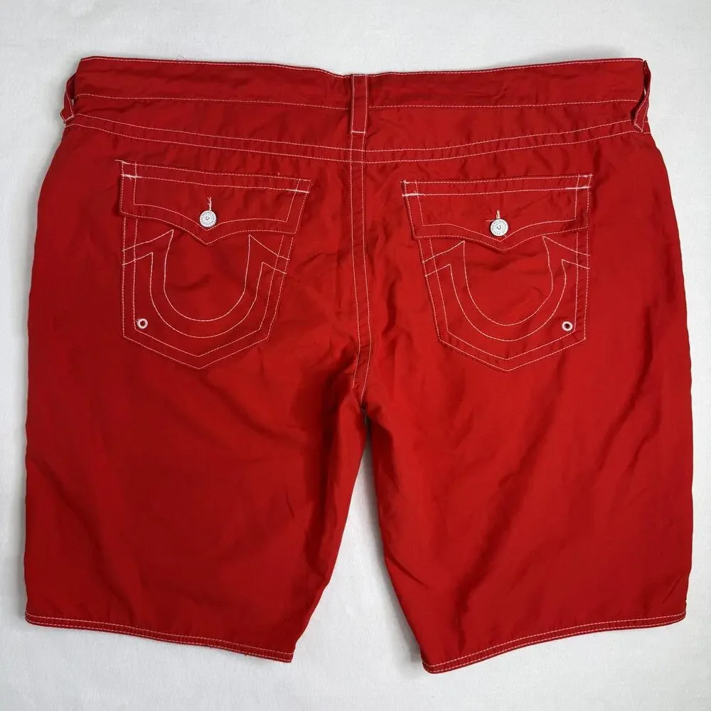True Religion Swim Shorts Mens 48 Red Bermuda Quick Dry Lined 12